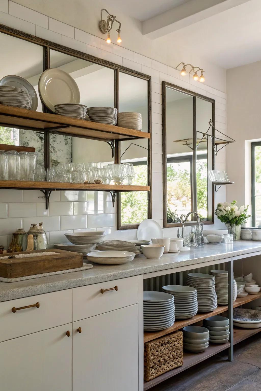 Open shelves backed by mirrors, amplifying depth and displaying tableware.