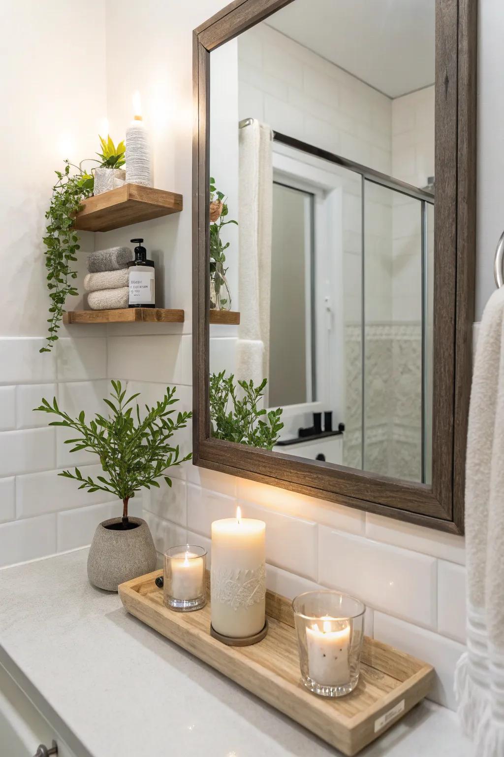 A simple reflector including a refined shelf, suited to subtle decor.