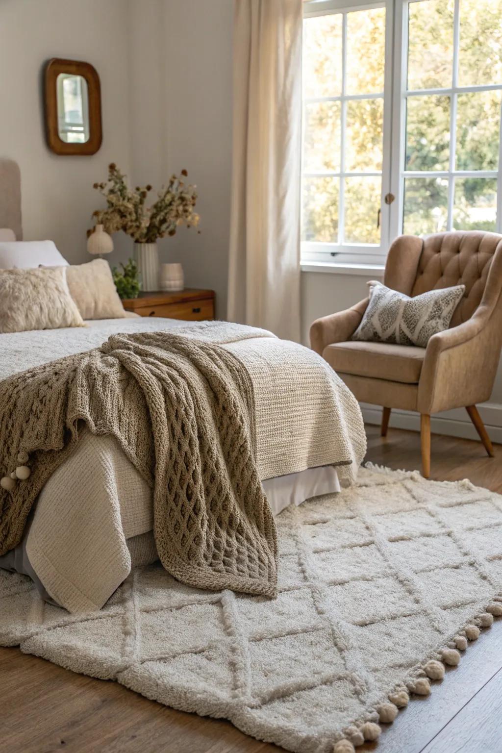 Layering diverse textures enriches the depth and warmth of your bedroom.