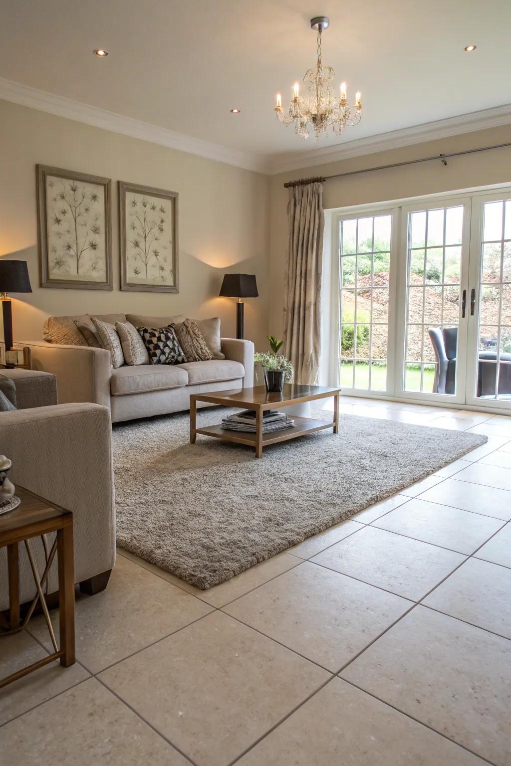 Contrasting textures between tile and carpet create a visually engaging space.