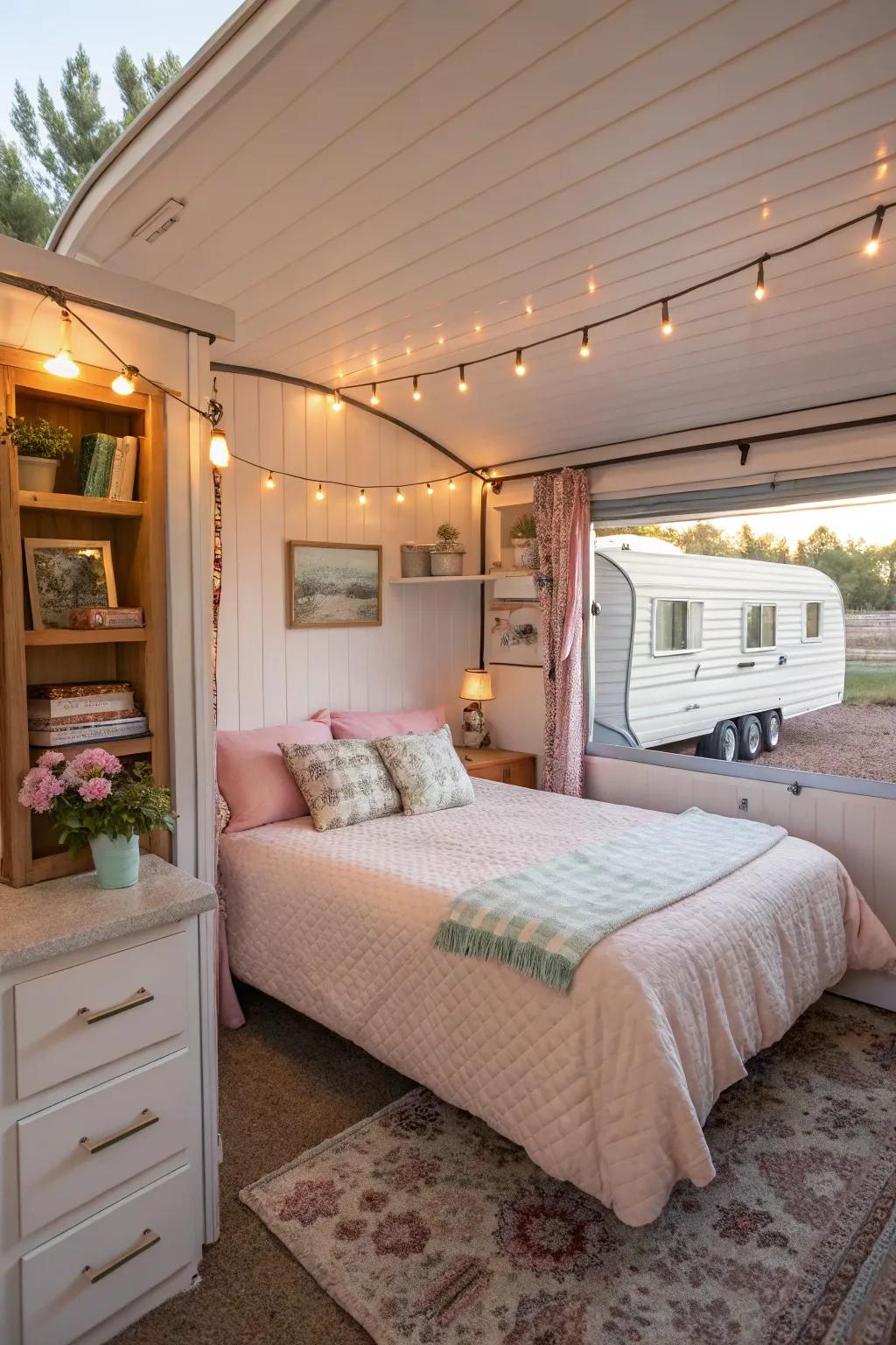 A beautifully decorated additional bedroom attached to a mobile home, offering extra living space.