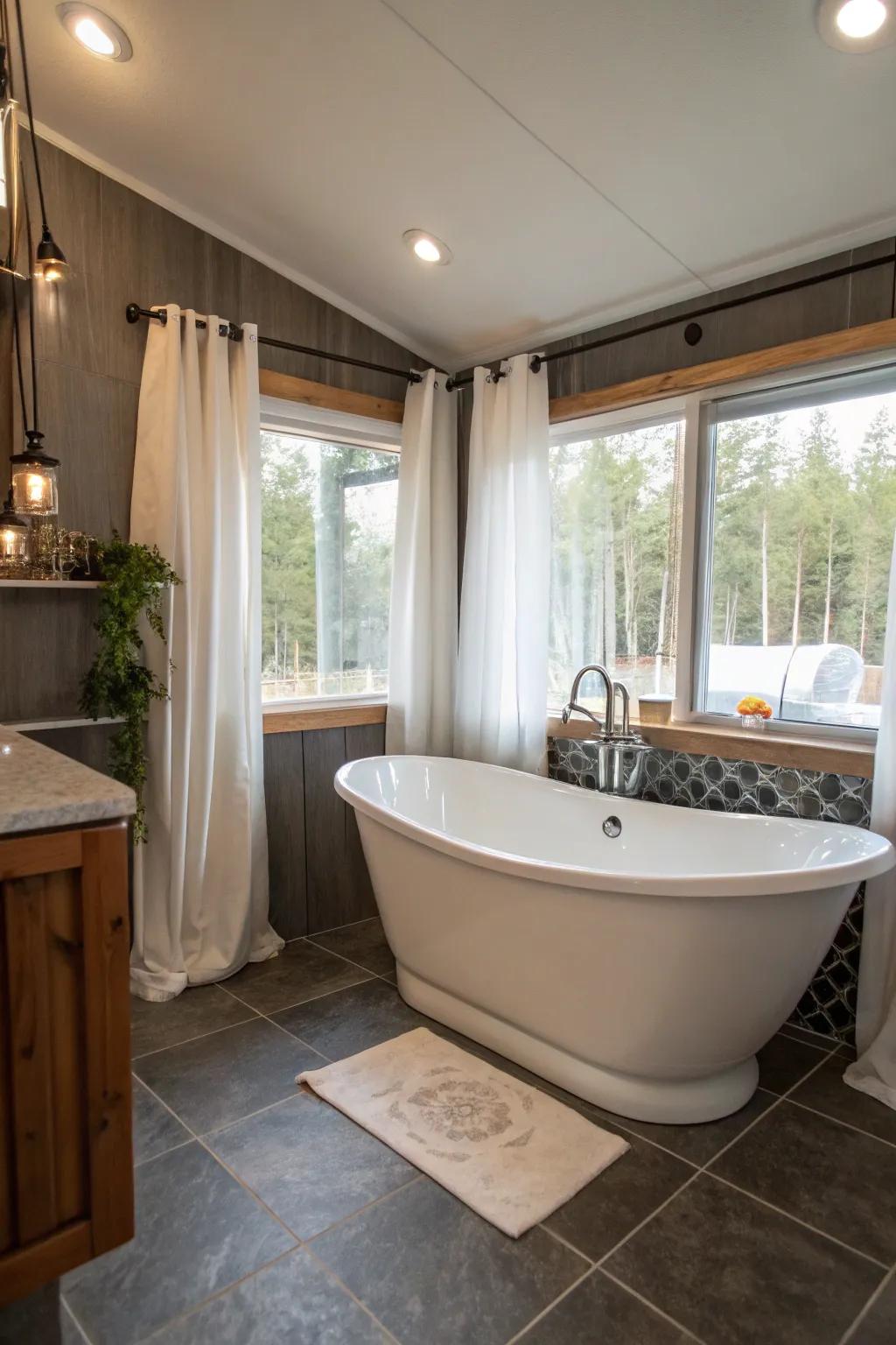A standalone tub serves as an elegant core feature in this mobile home bathroom.