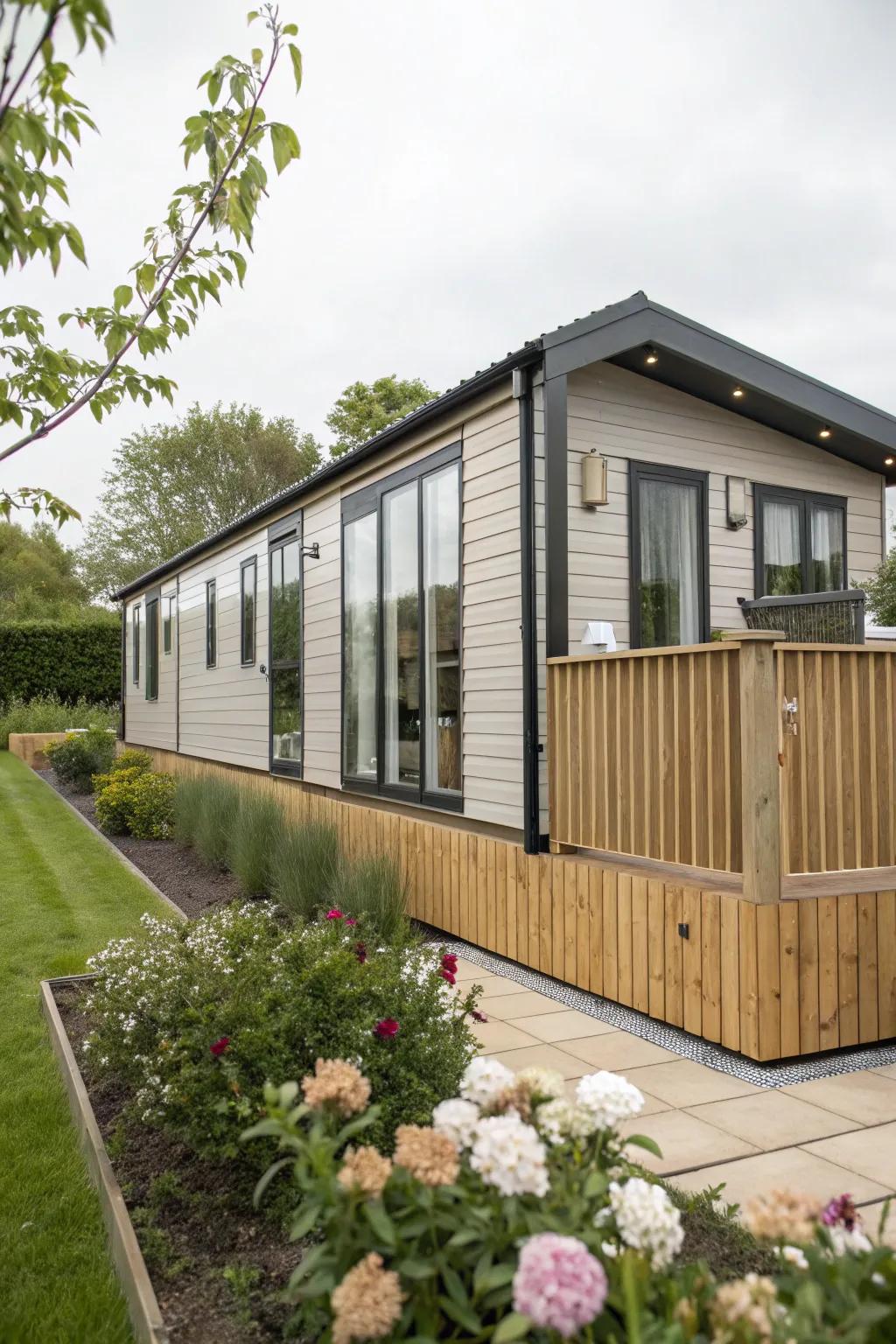 By using vertical board and batten skirting, bring sophistication and height to your mobile home's facade.