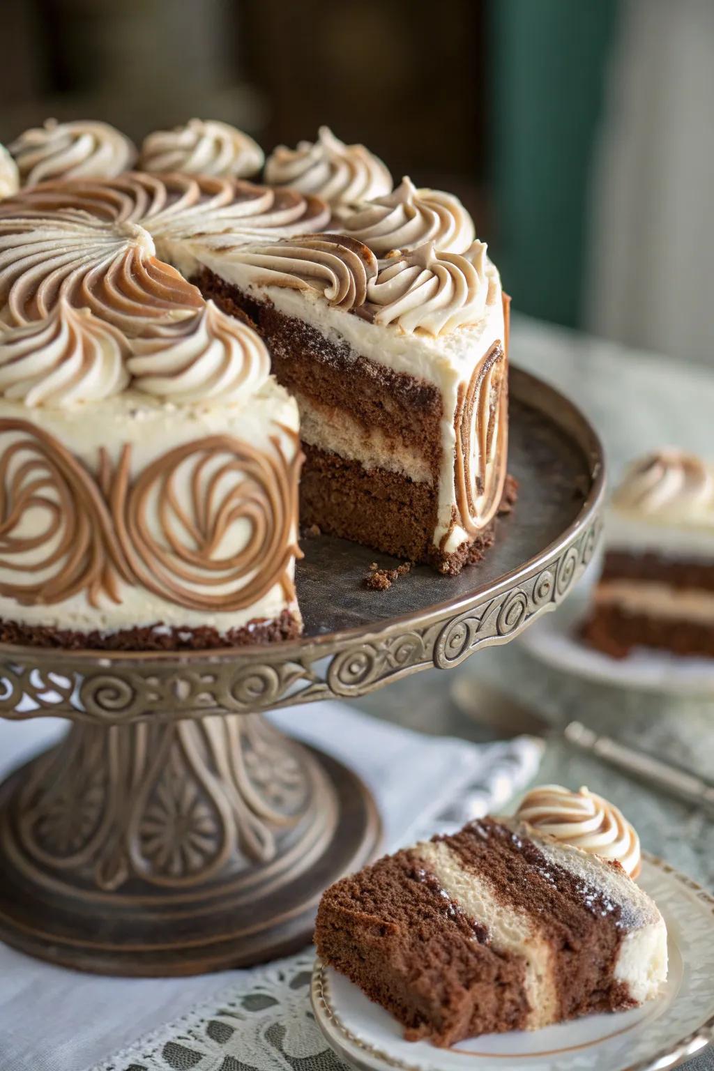 Swirled buttercream patterns add visual interest to a mocha cake.