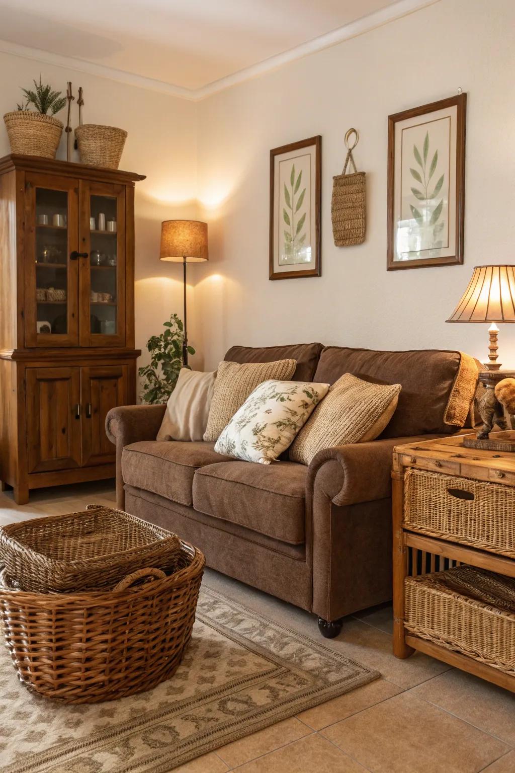 Intrinsic materials similar to timber and rattan introduce texture to the chocolate sofa setting.
