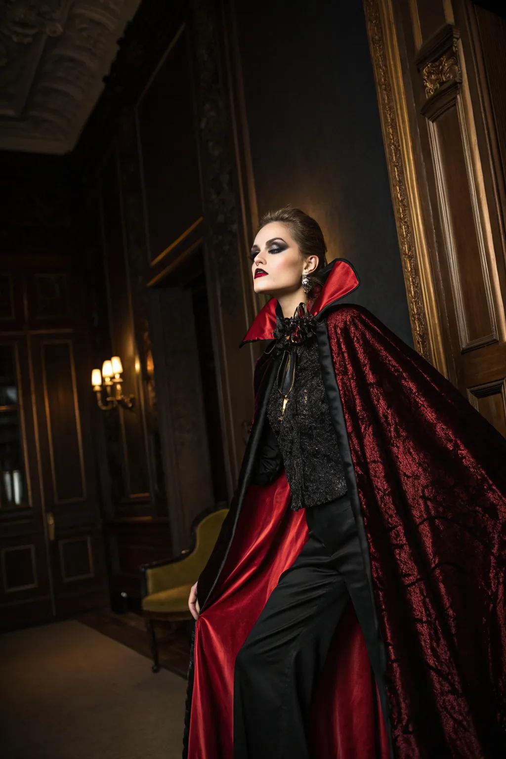 A couture bloodsucker look featuring opulent aspects.