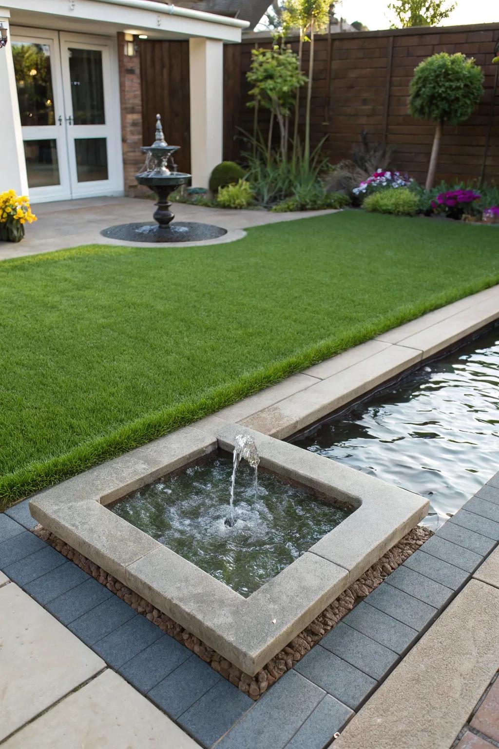 A peaceful front yard featuring synthetic turf and a calming water feature.