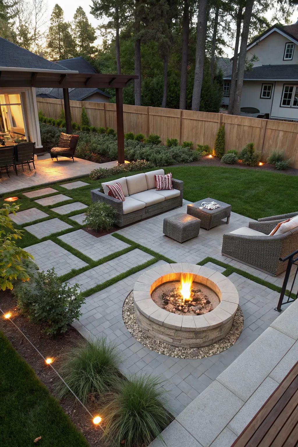 A modern backyard with a sleek fire pit as its primary feature.