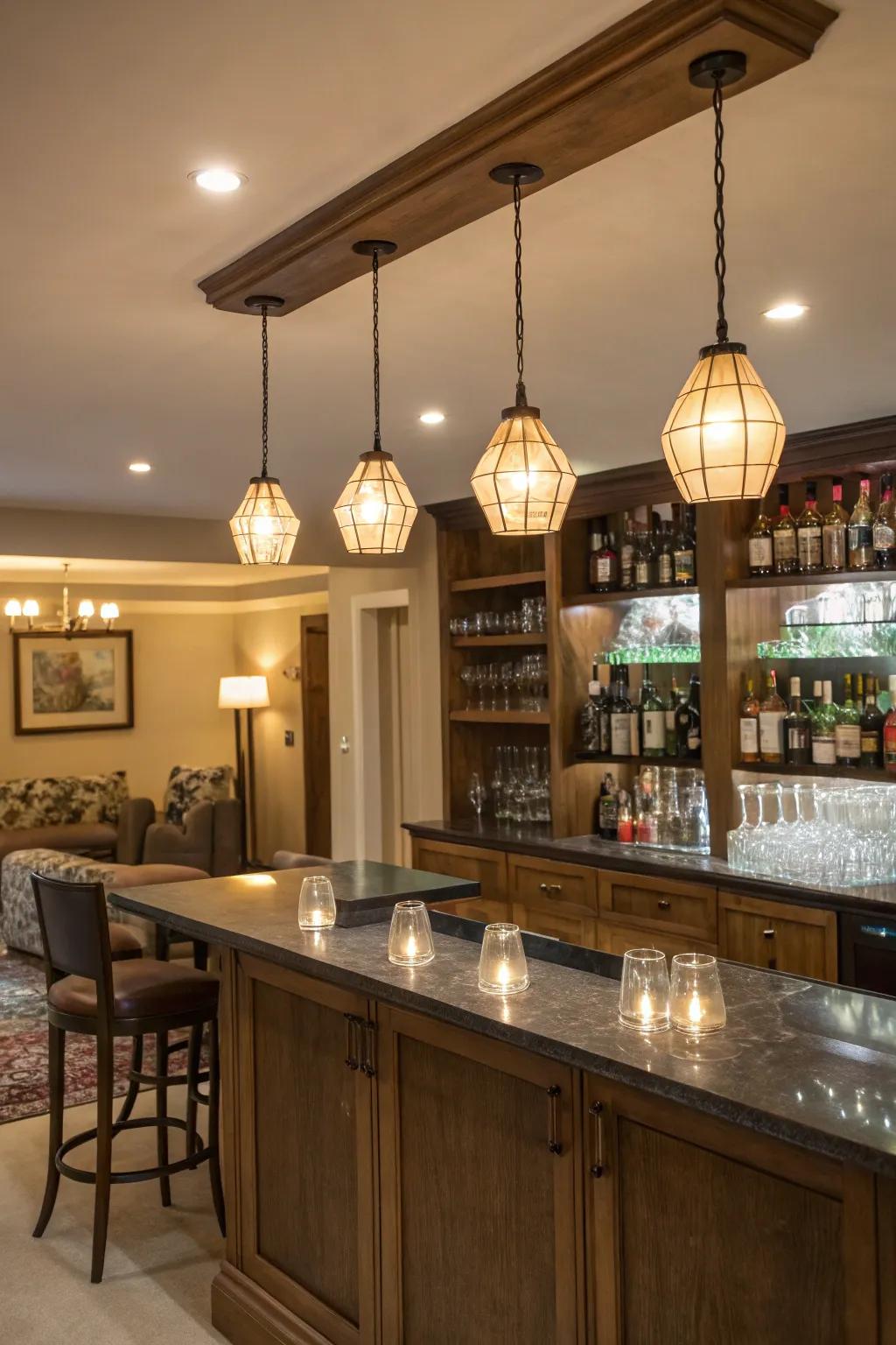 Strategic lighting elevates the atmosphere of this modern bar.