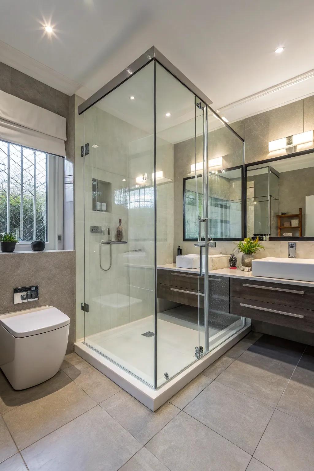 A frameless glass shower enclosure elevates the modern feel of the bathroom.