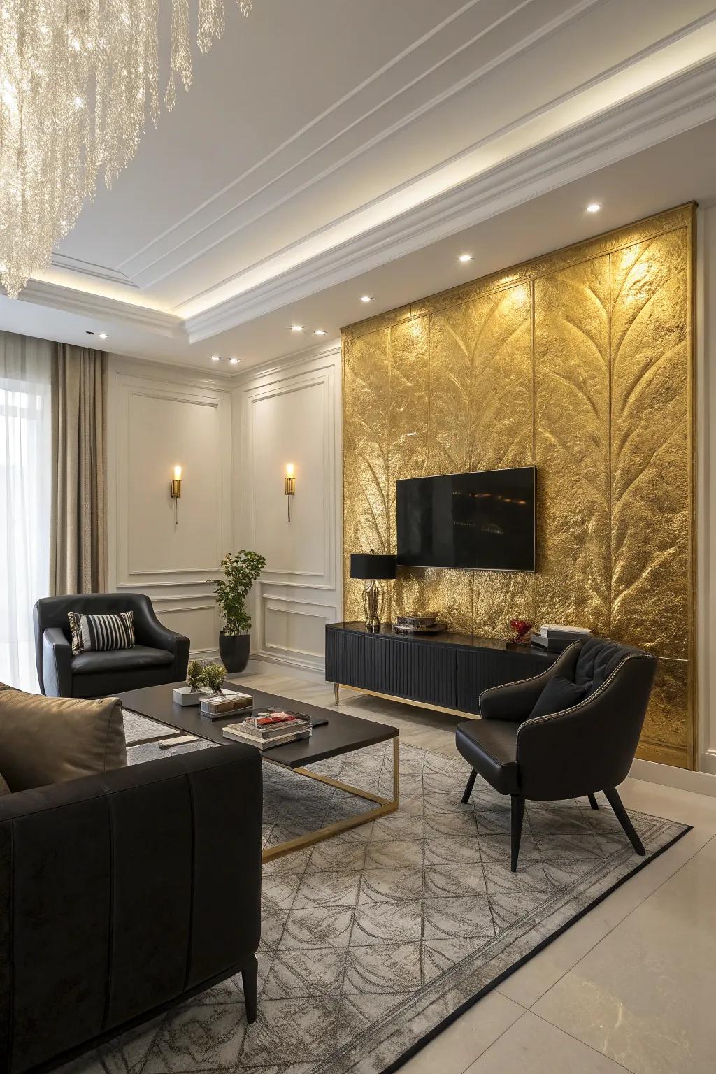 A bold shimmer highlight wall adding depth and luxury to the space.