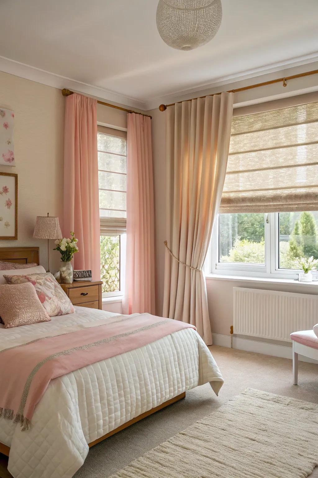 Combining blinds and curtains enriches dimension and style.