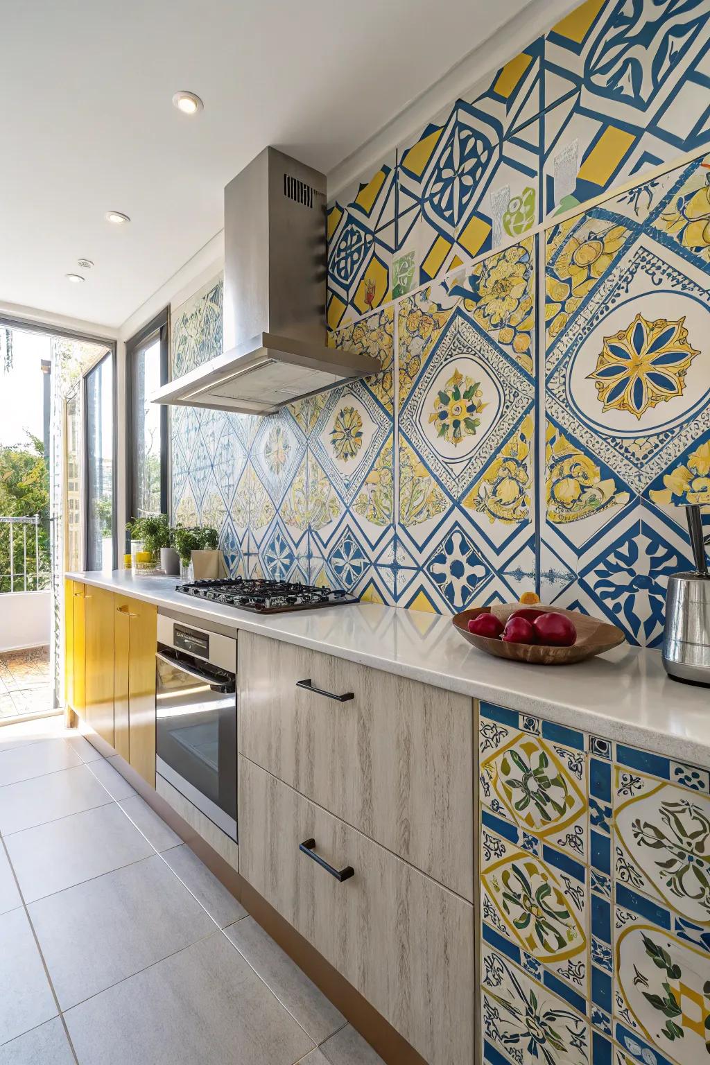 Shaped tiles fashion a captivating centerpiece in this kitchen setting.