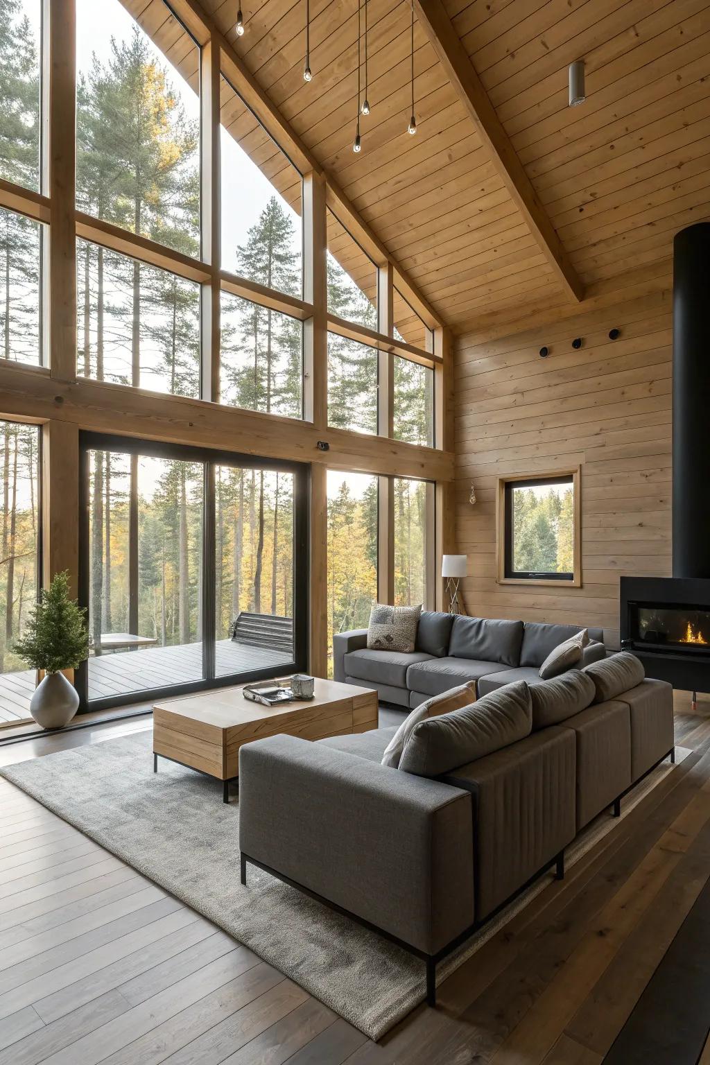 Modern furniture highlights the contemporary atmosphere in a cabin design.
