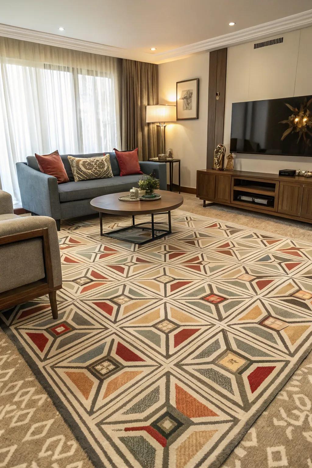 A trendy living room features a carpet with geometric designs, creating visual intrigue.