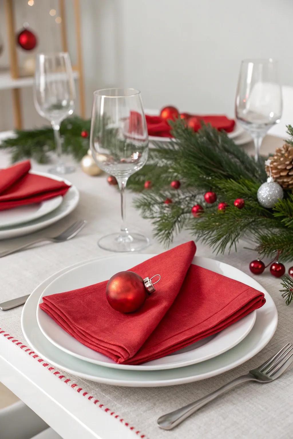 A modern Christmas table setting with subtle red accents.