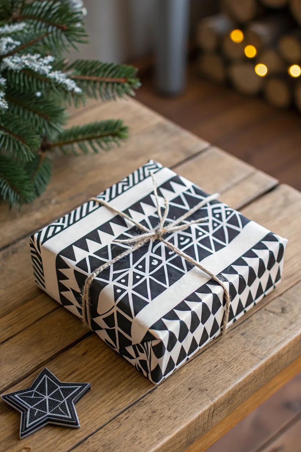 A stylish gift wrapped in paper with geometric patterns, crafting a modern holiday appearance.