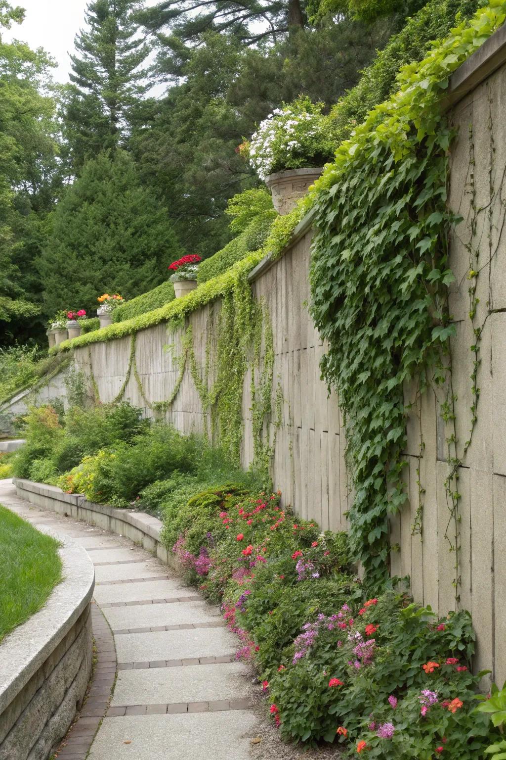 Reinforced wall displaying twining plants and abundant foliage.