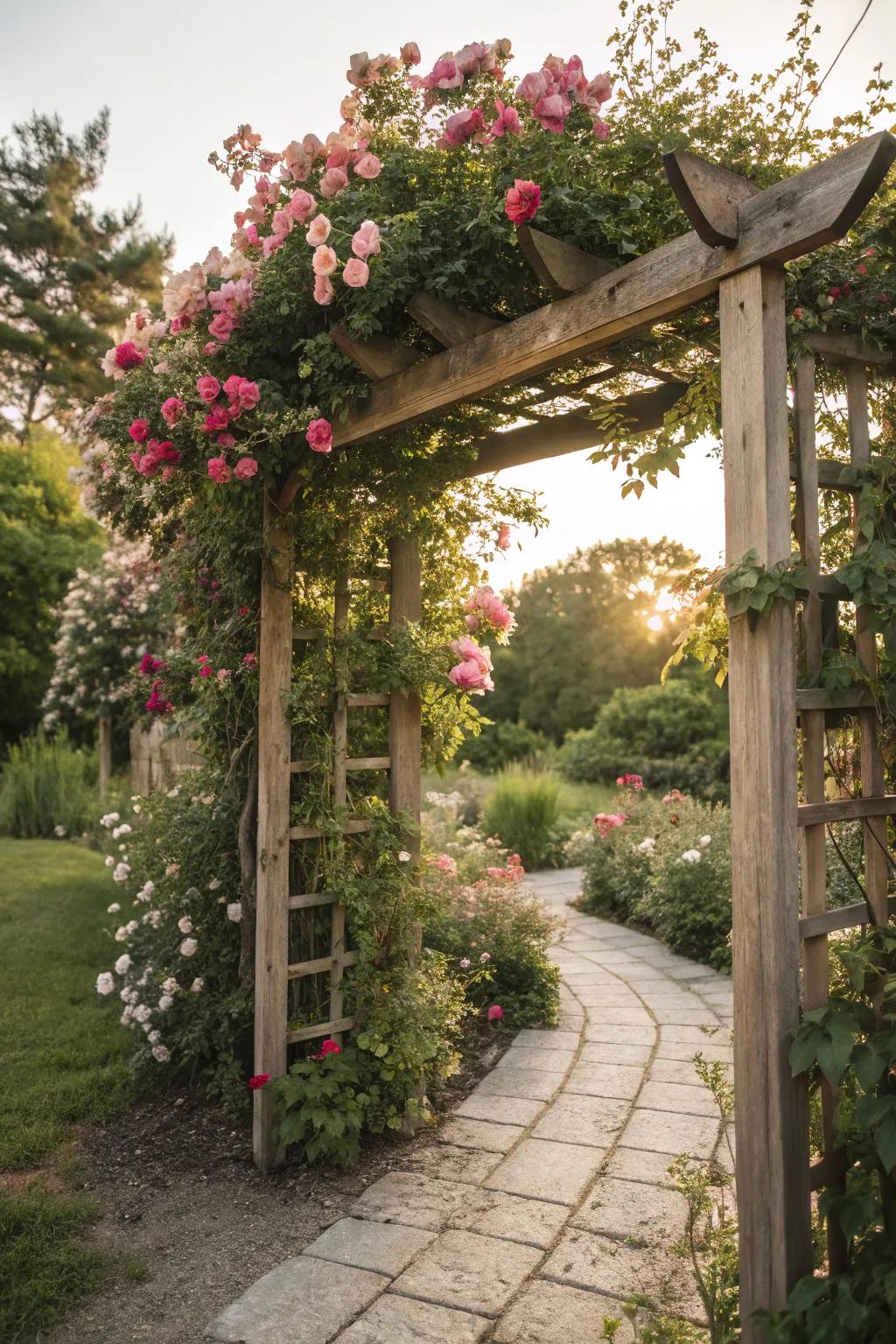 Trellises offer vertical interest and a canvas for colorful blooms.