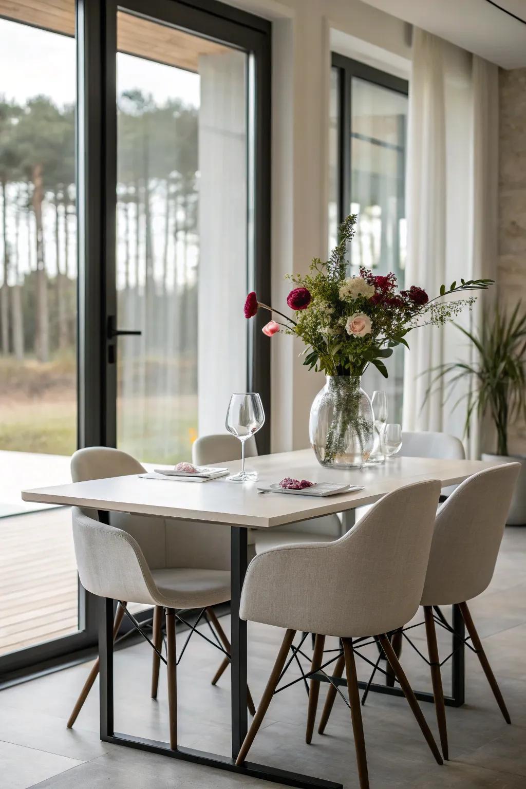 Minimalist furnishings offer a streamlined and uncluttered dining room aesthetic.