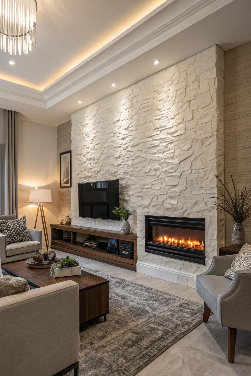 A textured accent wall featuring a modern electric fireplace.