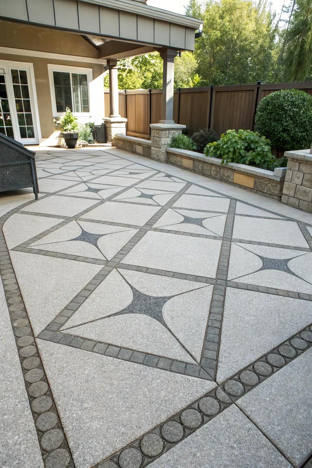 A patio boasting a striking geometric design in the aggregate.