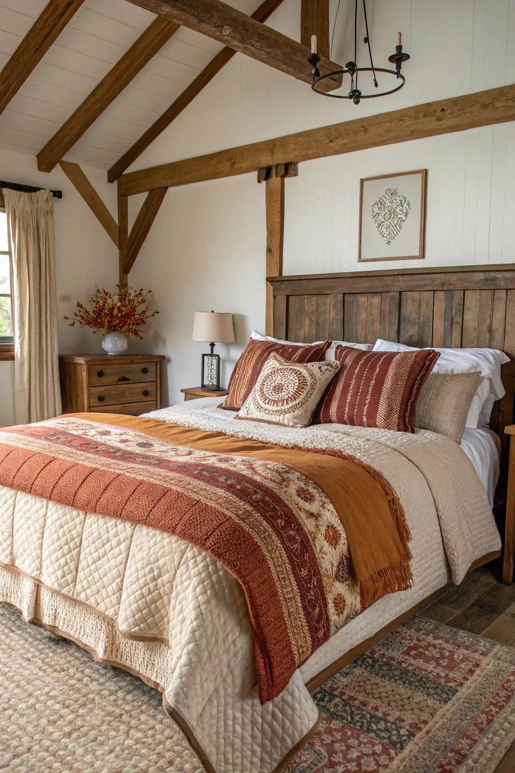 Layered bedding with textured throws offers comfort and warmth.