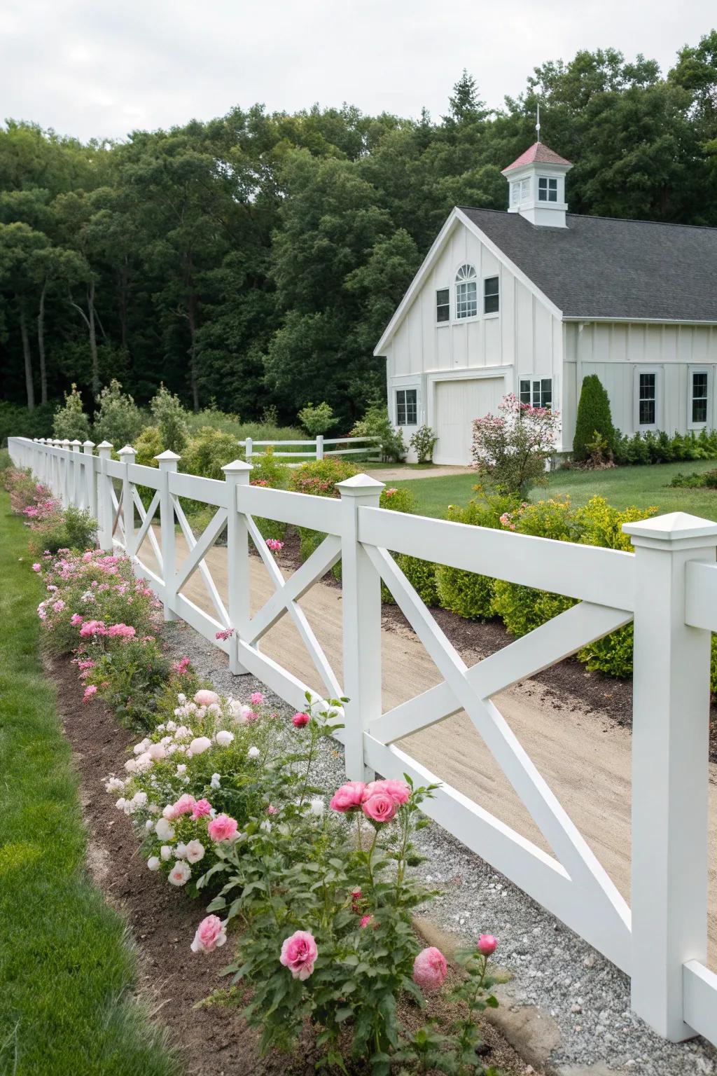 A classic white cross-beam pattern fence imbues timeless appeal to a modern farmhouse setting.