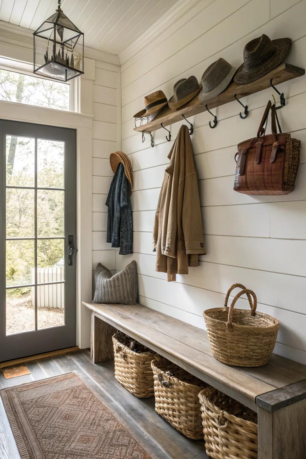 Mudroom featuring countryside hangers for practical storage.