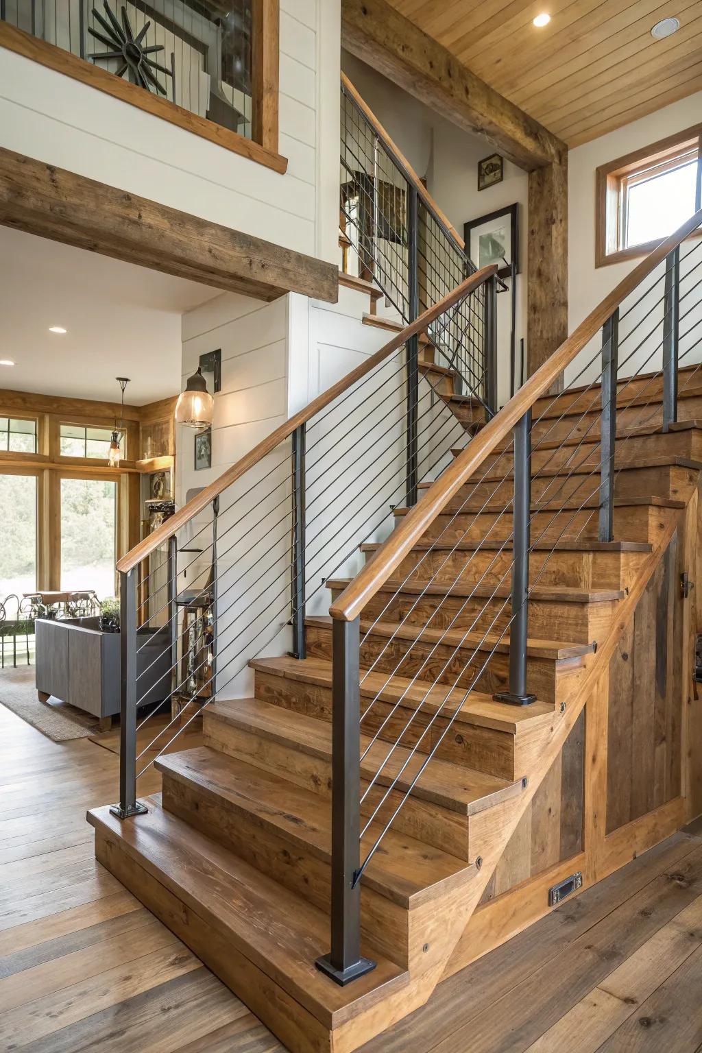 A stylish staircase showcasing a combination of wood and metal for a modern farmhouse look.
