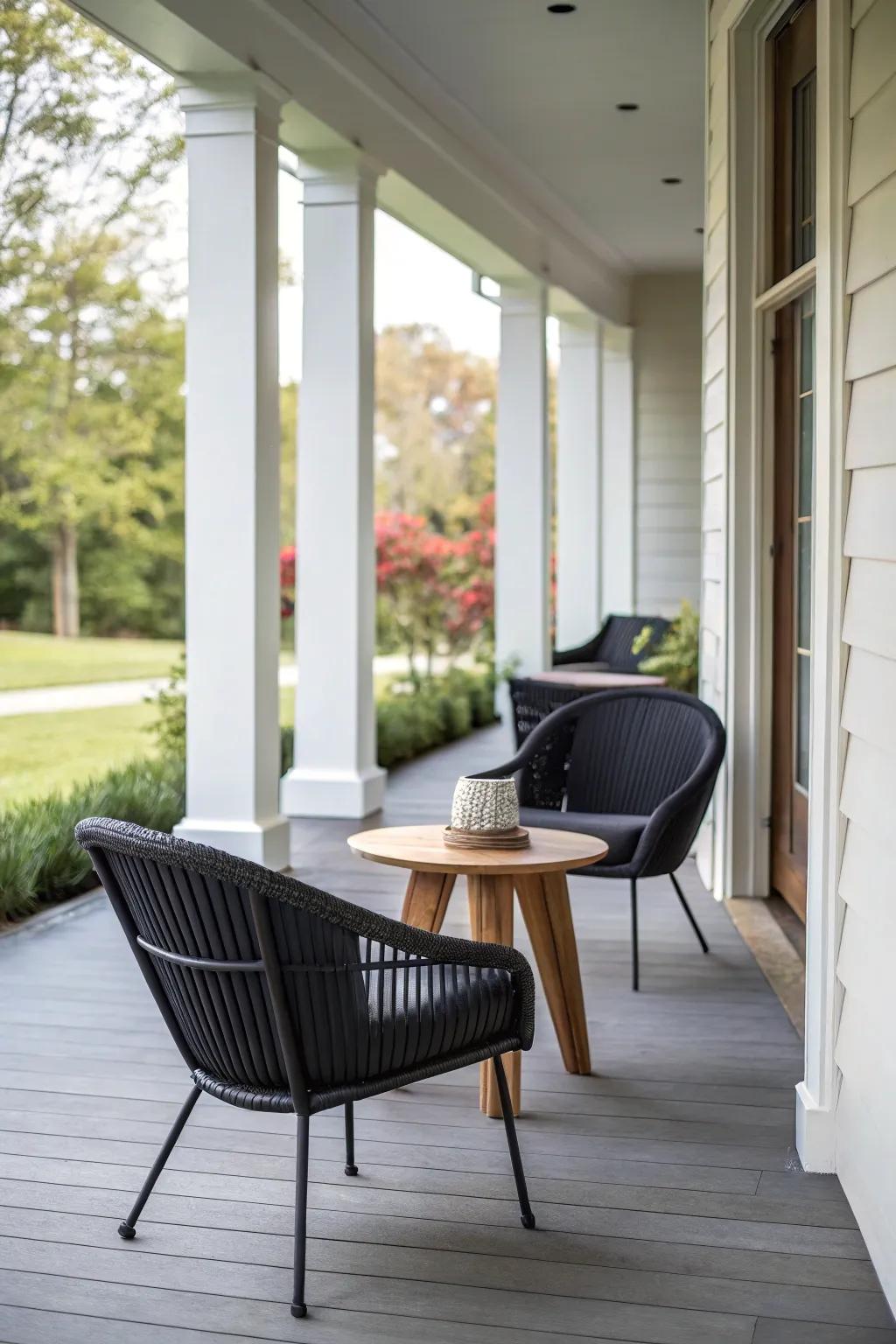 Elegant furnishings enhance the appearance of a contemporary porch.