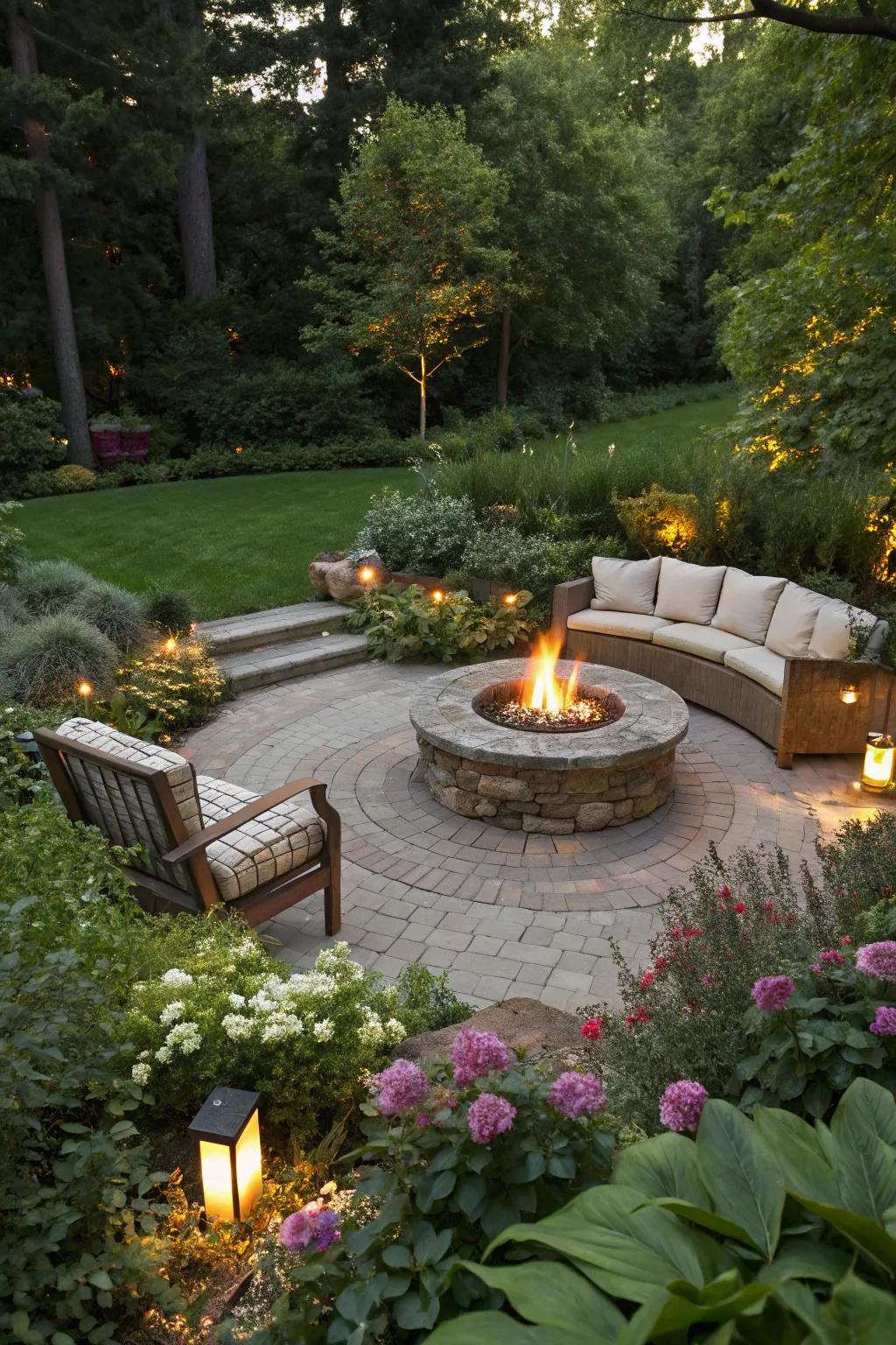 A bonfire setting acts as a warm and welcoming core in a contemporary garden.