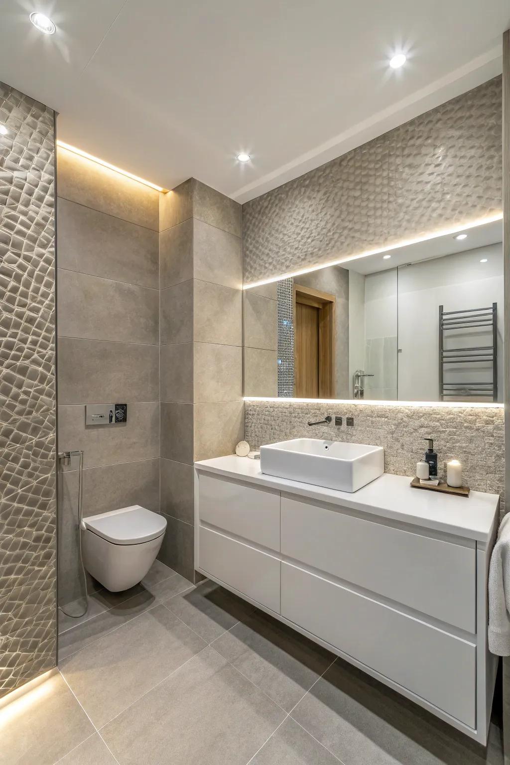 Textural contrast adds depth and dimension to a modern bathroom.