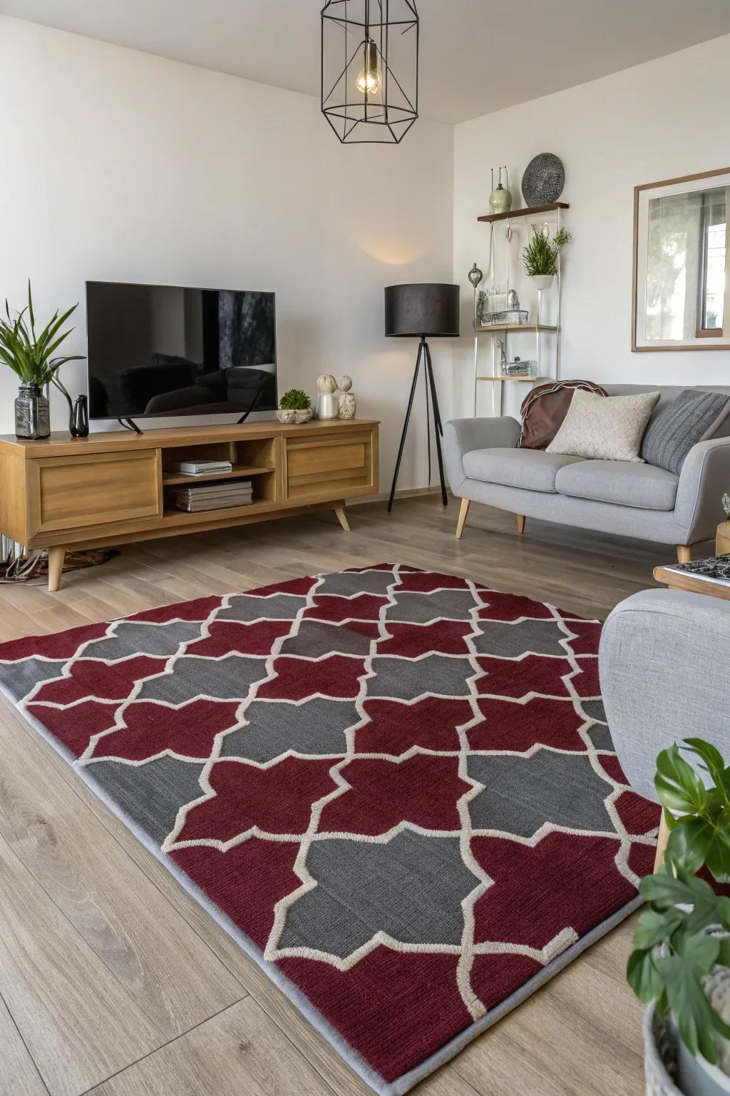 Living area featuring a patterned floor covering in crimson and neutral and contemporary decor.