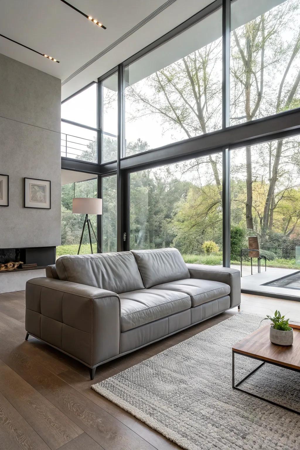 Sunlight brightening up a contemporary living space with an ash leather lounger.