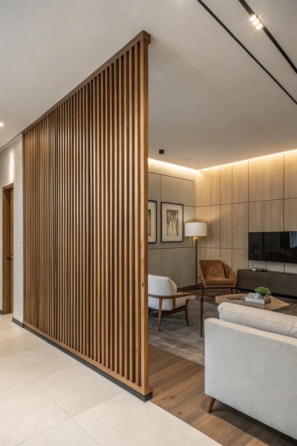 Vertical wooden panels on a half wall create a captivating visual statement.
