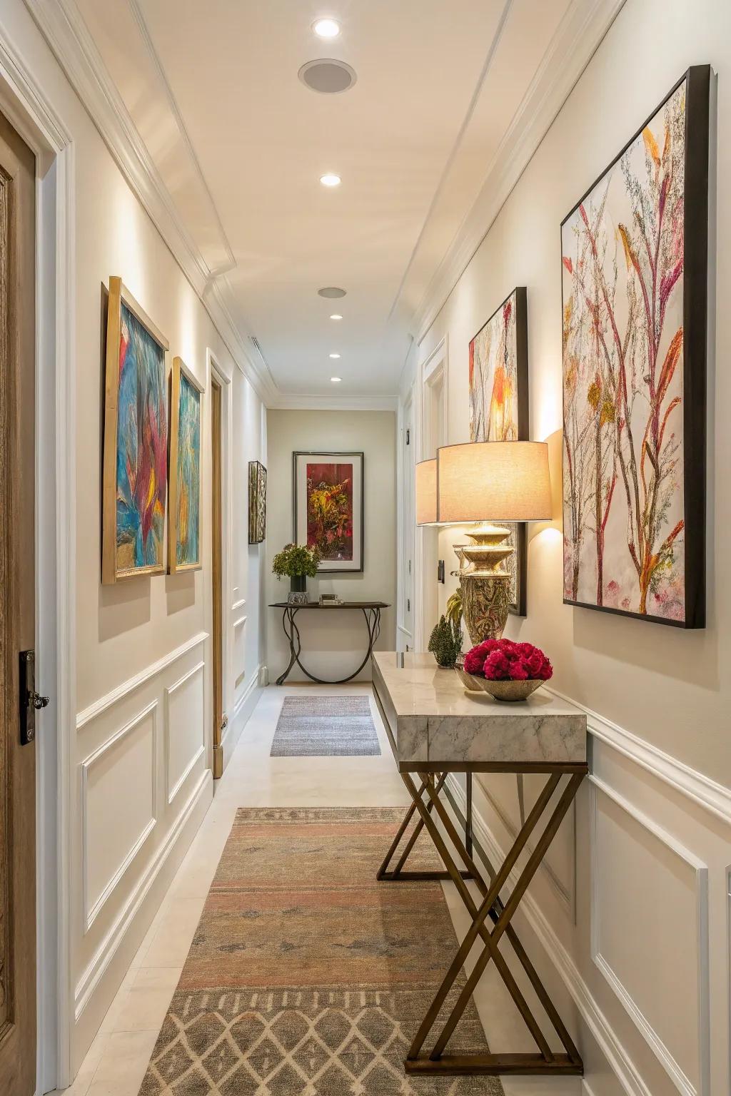 Artwork adds vibrancy and personality to a hallway.