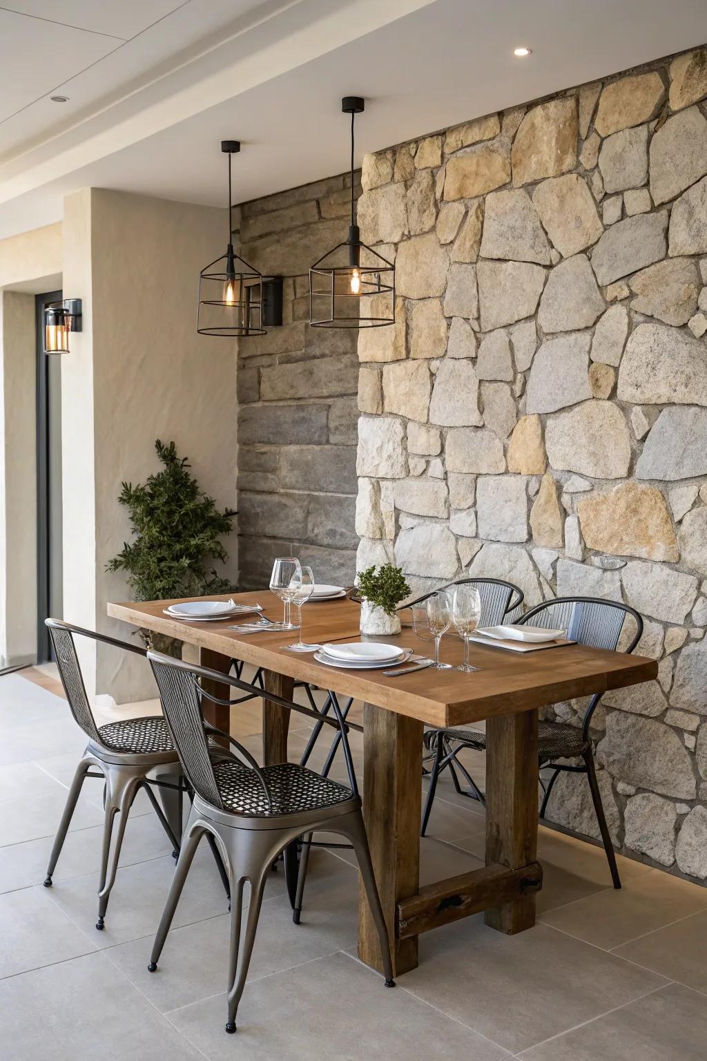 A harmonious fusion of materials imparts character to this eatery space.
