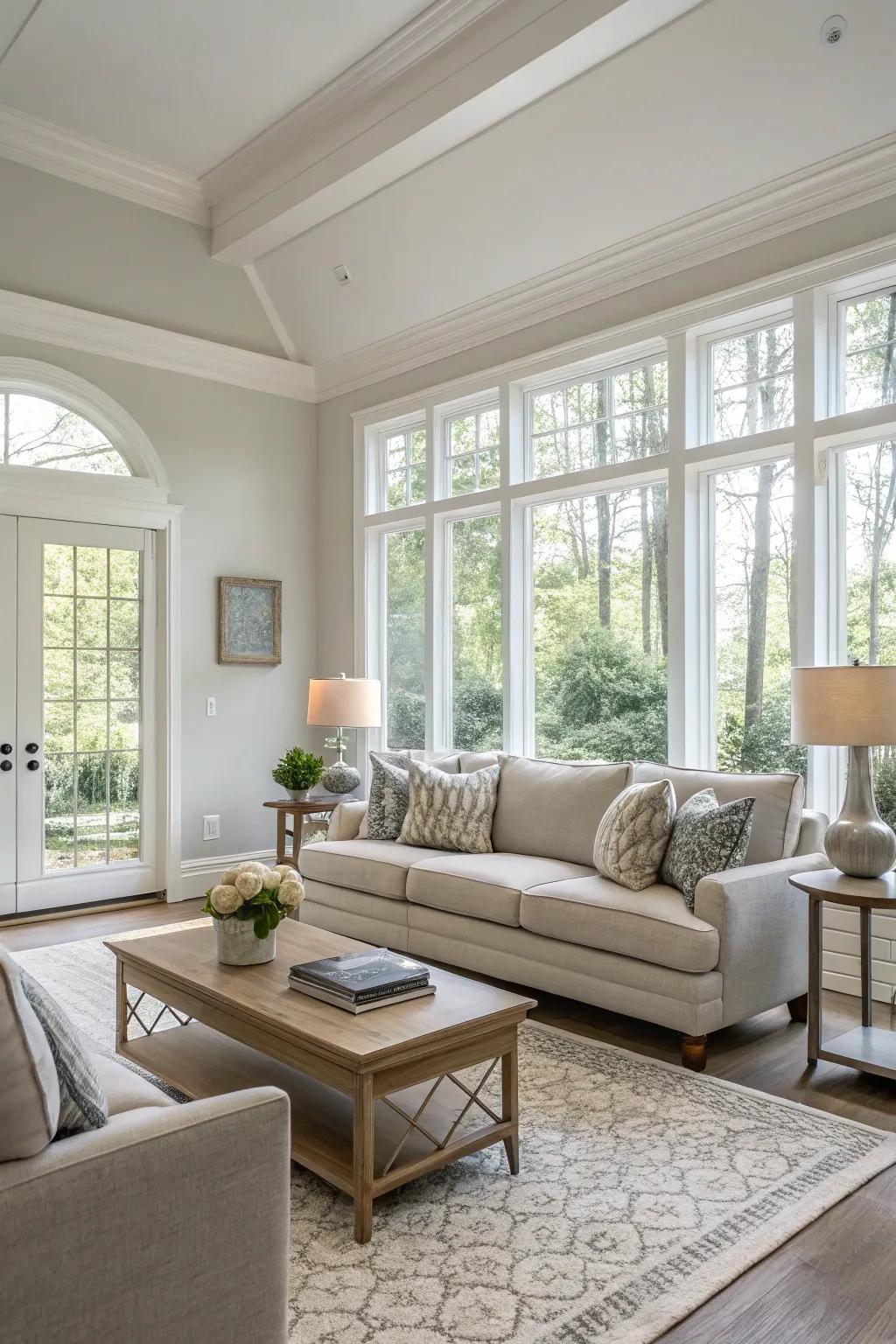 A modern living room featuring a neutral color palette.
