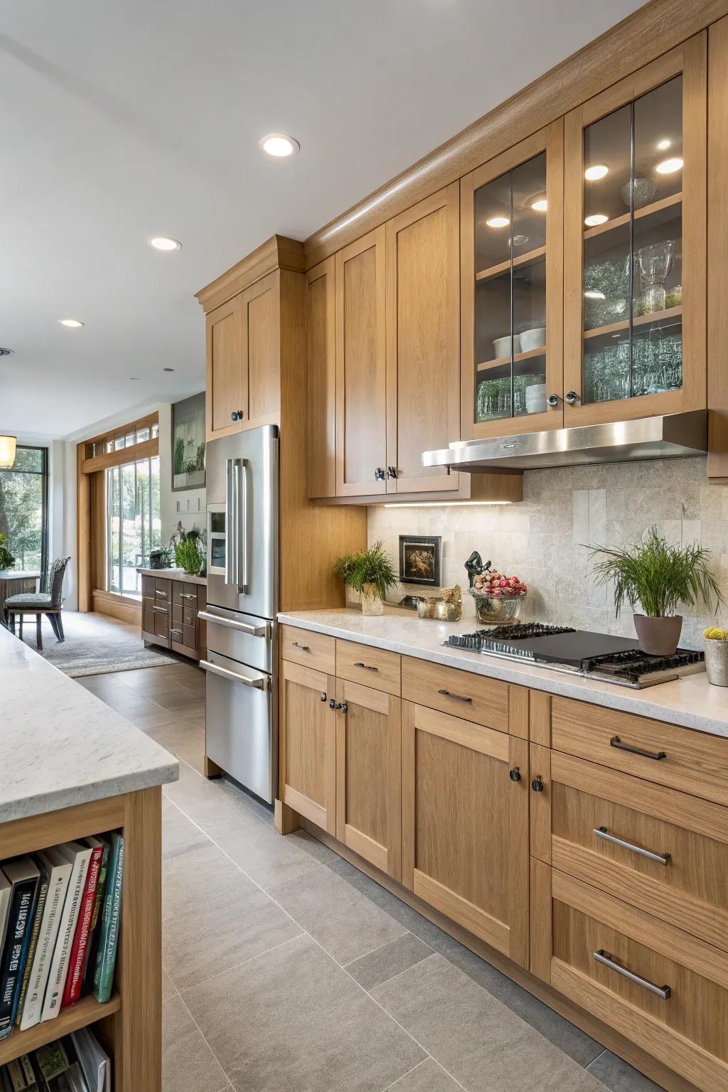 Chic stainless steel appliances introduce a modern flair that complements oak cabinetry.