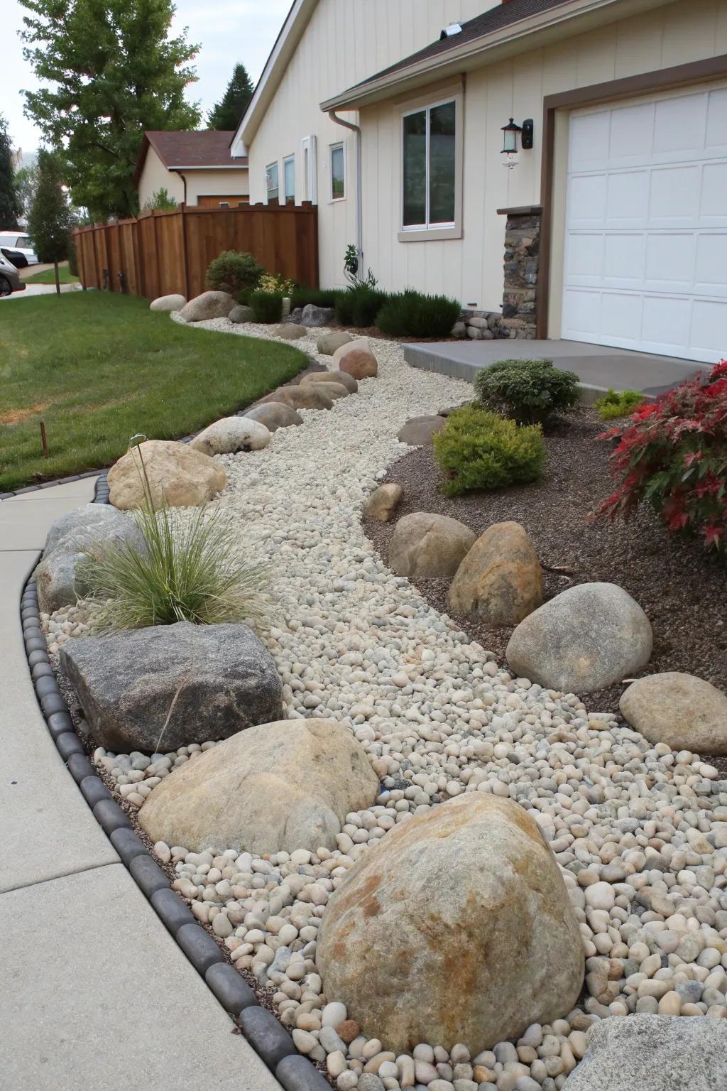 A modern front yard featuring a gravel base and substantial stones for a stylish and low-maintenance presentation.