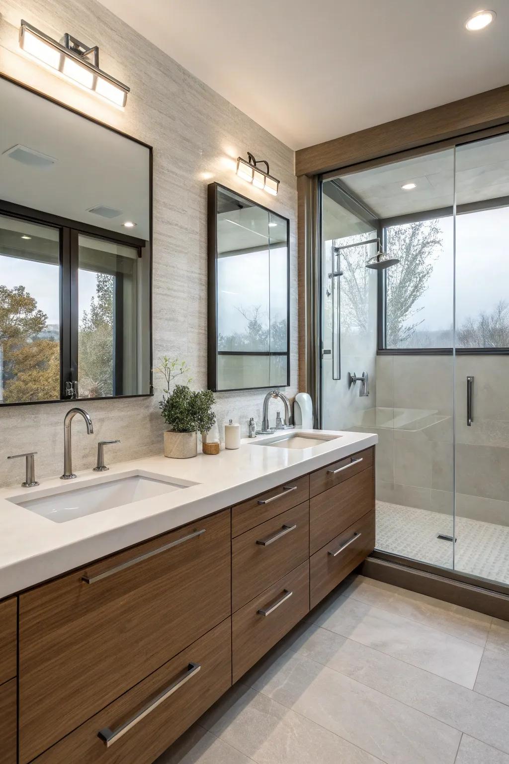 Refined washstands contribute a contemporary feel with useful attributes.