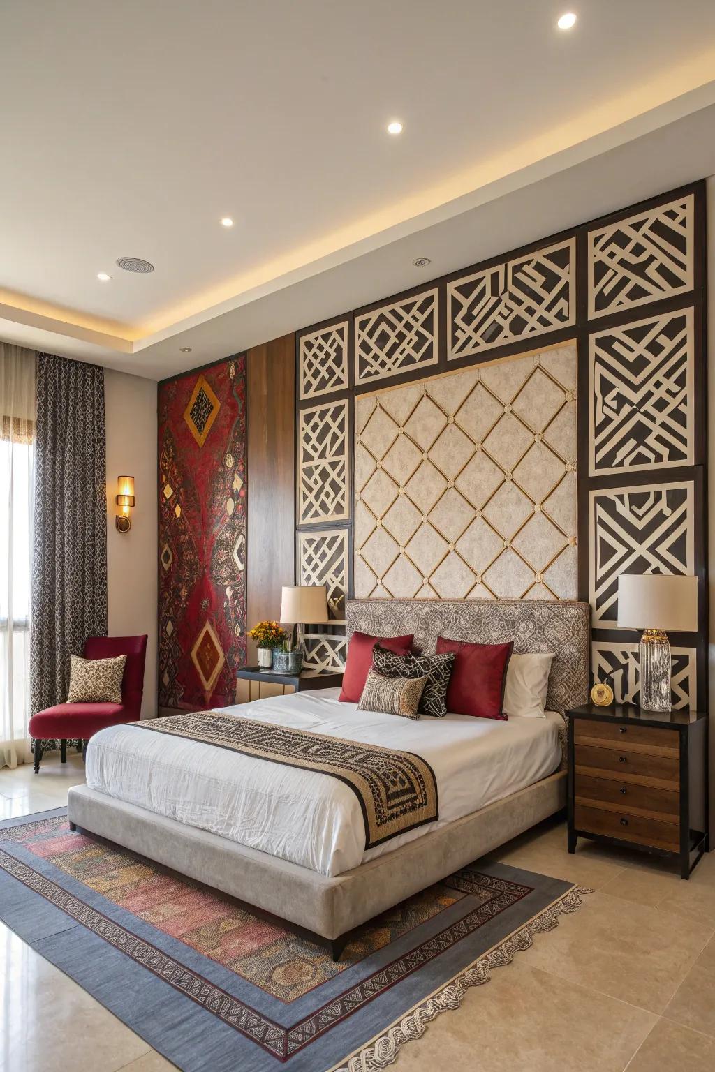 An attractive statement wall adds personality to this contemporary bedroom.