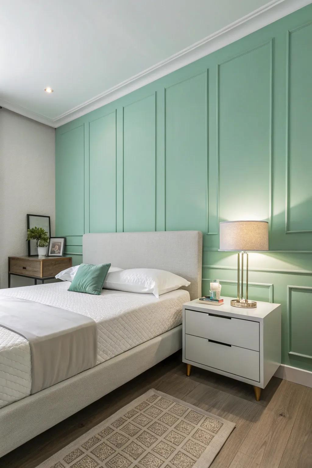 Minimalist furniture in a mint green bedroom setting.