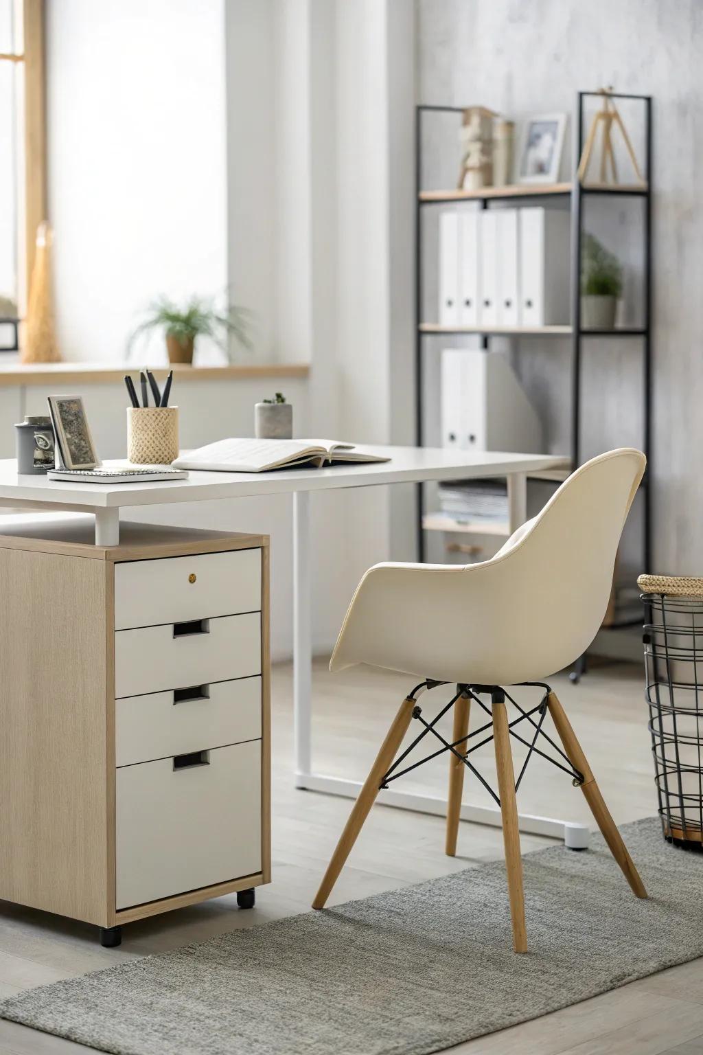 Minimalist office furniture featuring clean lines and neutral colors.