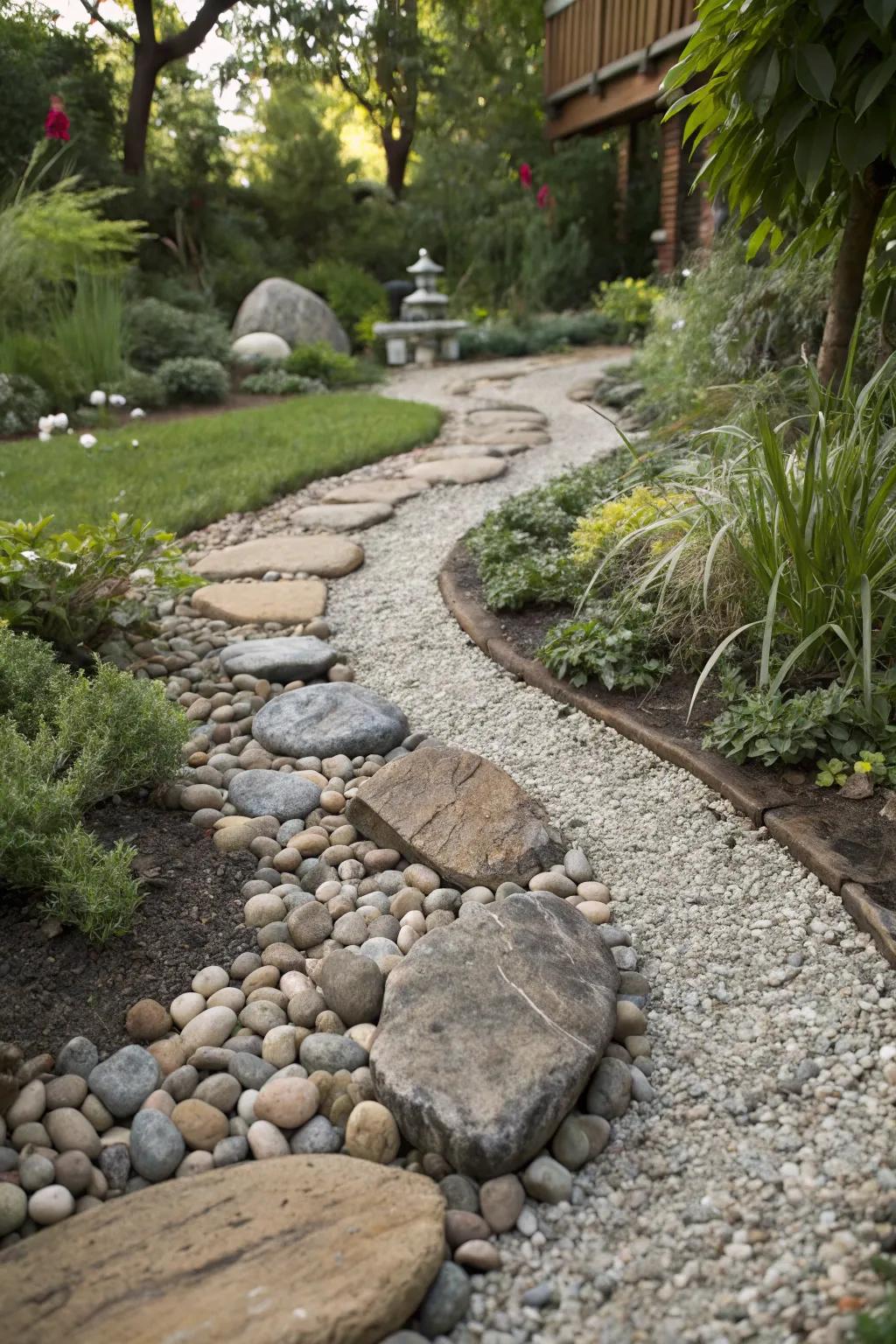 A garden path that plays with texture contrasts using smooth stones and rough gravel.