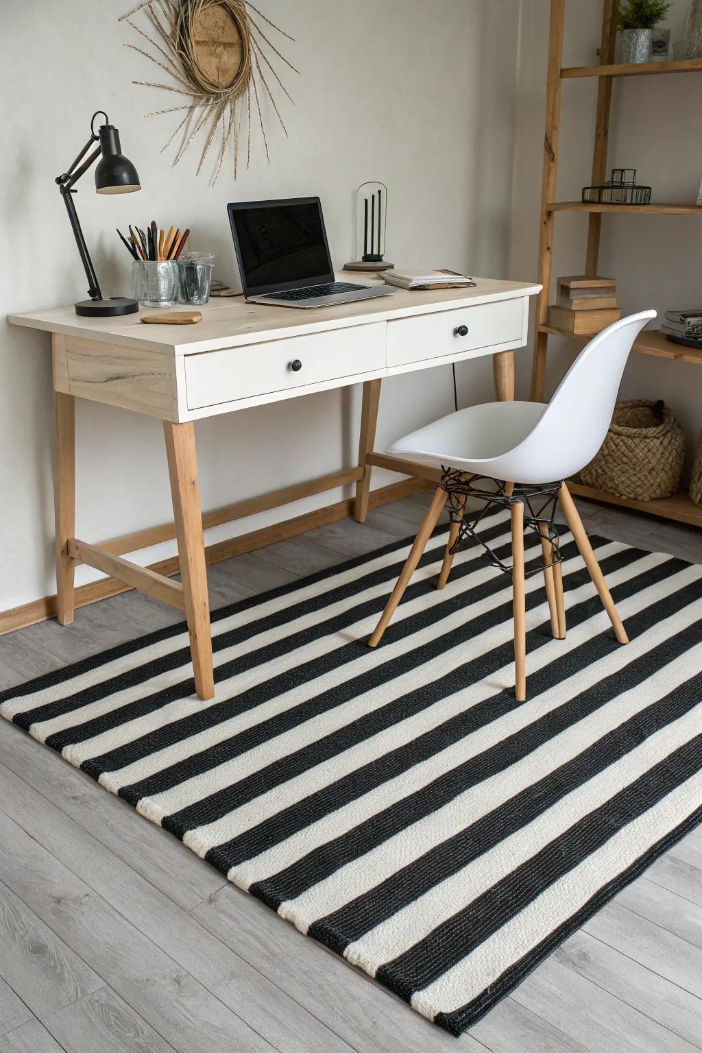 Monochrome carpets establish a sleek, clutter-free aesthetic.