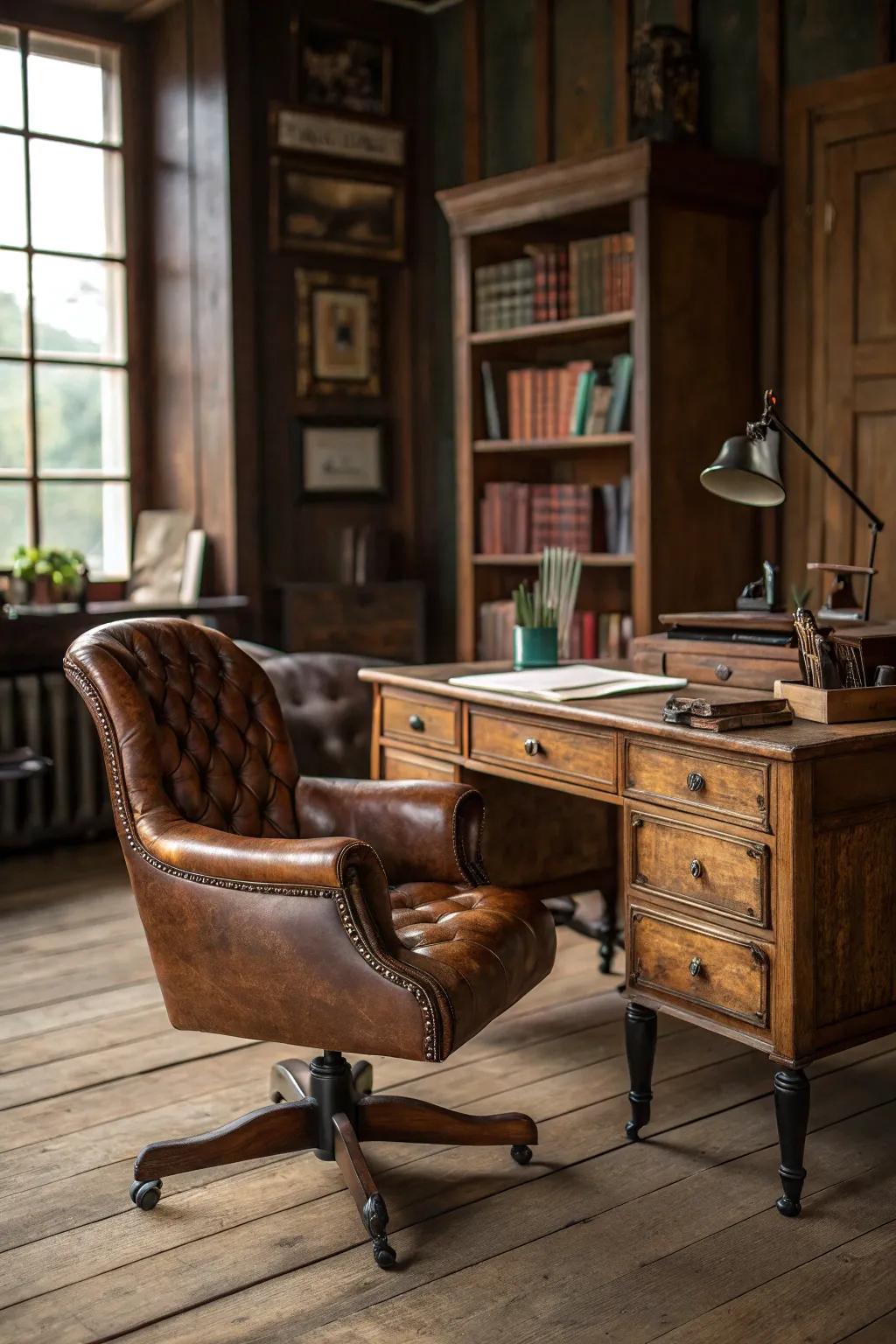 Hide upholstery introduces a hint of refinement and relaxation to a rustic office.