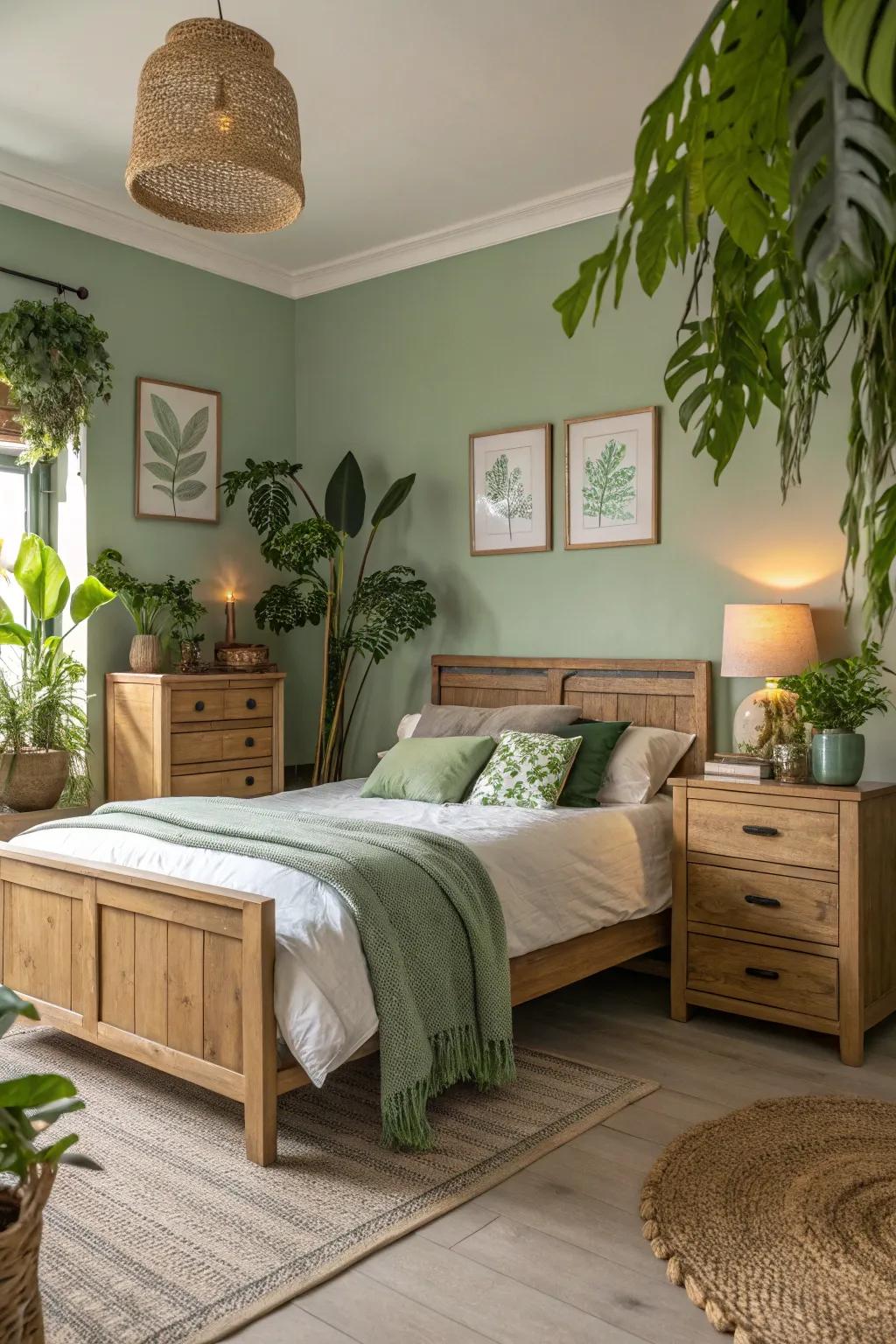 Soft green and natural wood create a harmonious and inviting space.