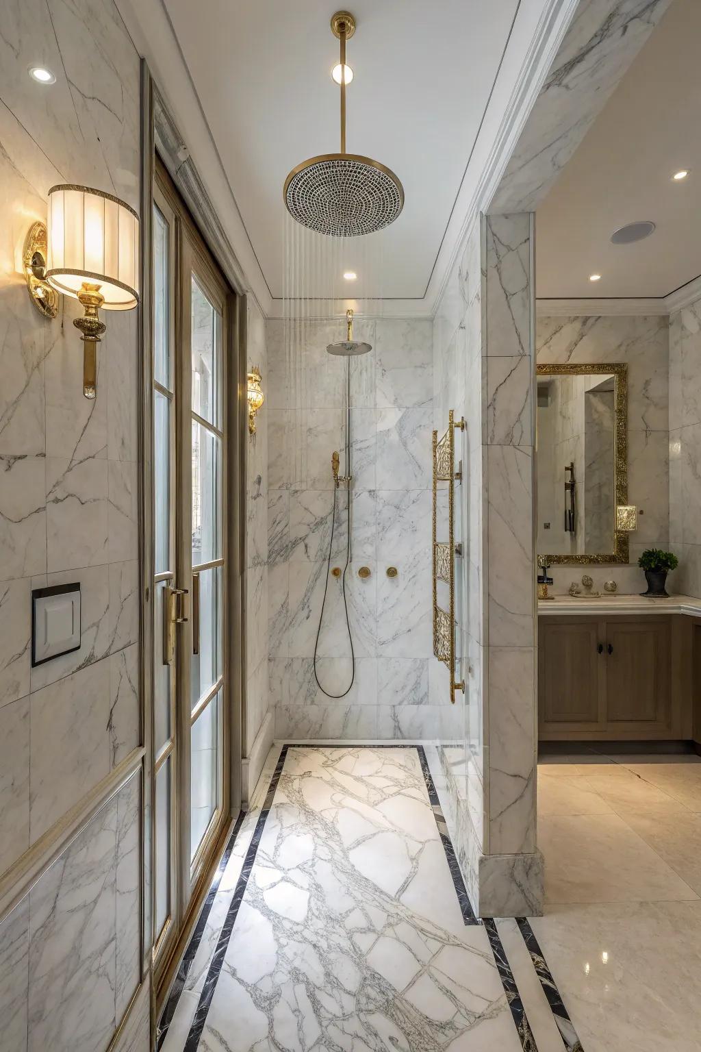 A lavish marble shower radiating elegance and sophistication.